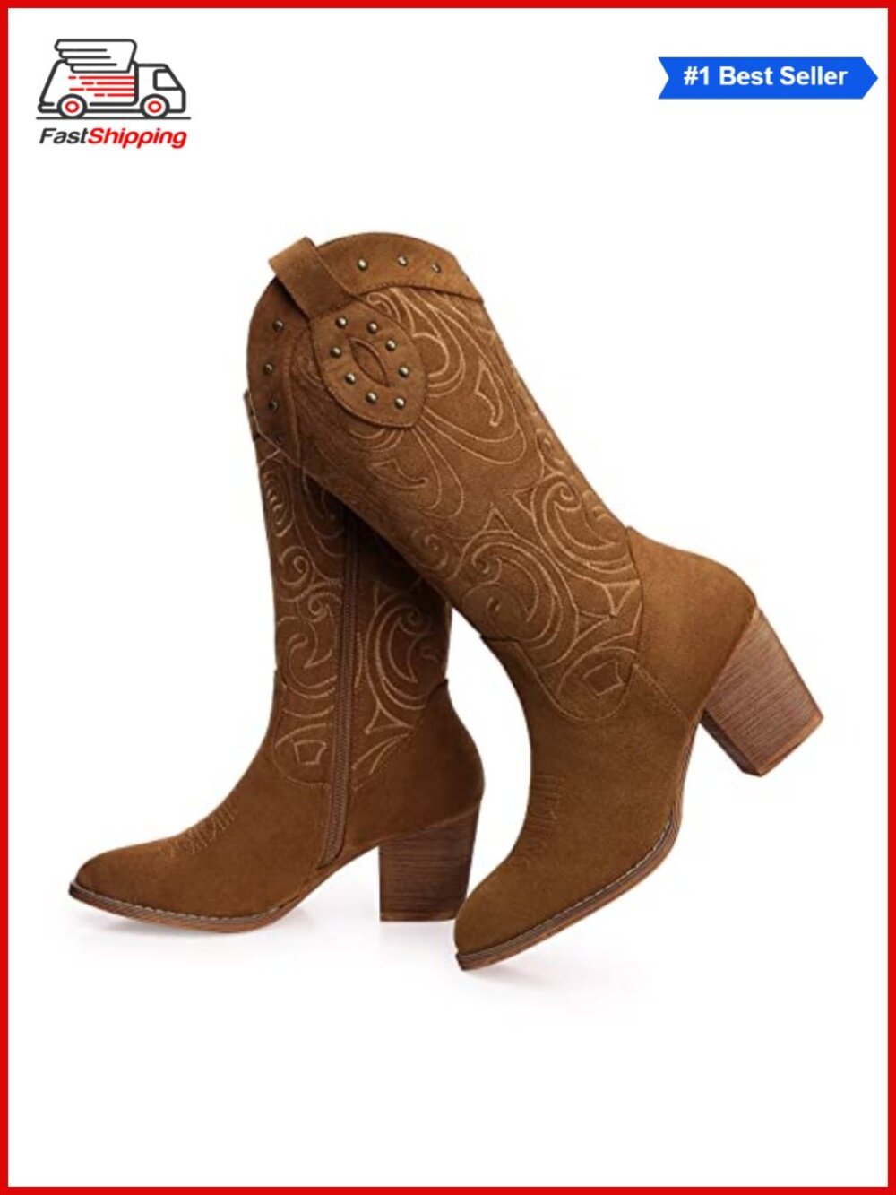✨ Western Mid Calf Cowboy Boots Faux Suede Chunky Low Heel Pointed Toe